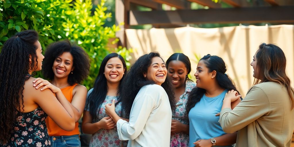 Diverse joyful people connecting in a vibrant, nature-filled setting.