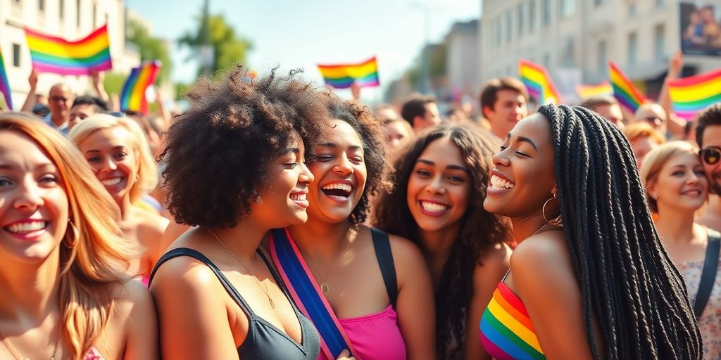 Diverse people celebrating with pansexual and polyamorous colors.