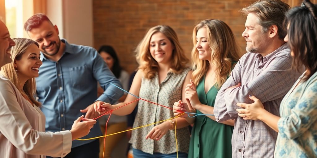 Diverse people connecting, colorful threads.