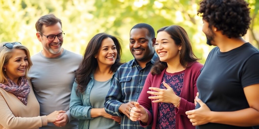 Diverse people connecting, holding hands, smiling.