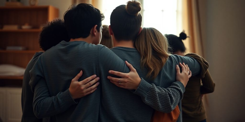 Diverse people connecting in a warm, intertwined embrace.