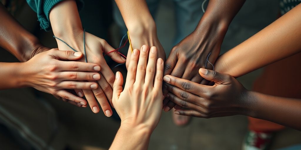 Diverse people connecting, intertwined colorful threads.
