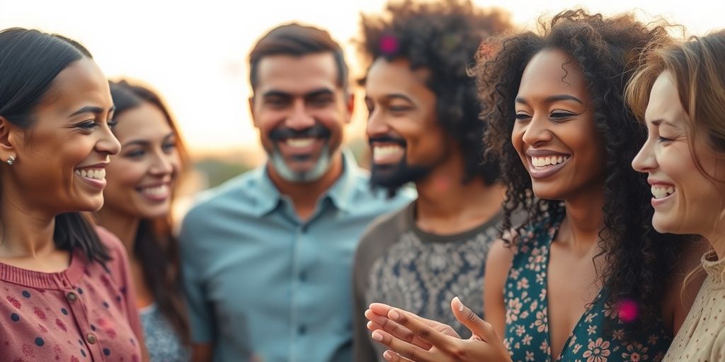 Diverse people connecting, multi-colored lines intertwining.