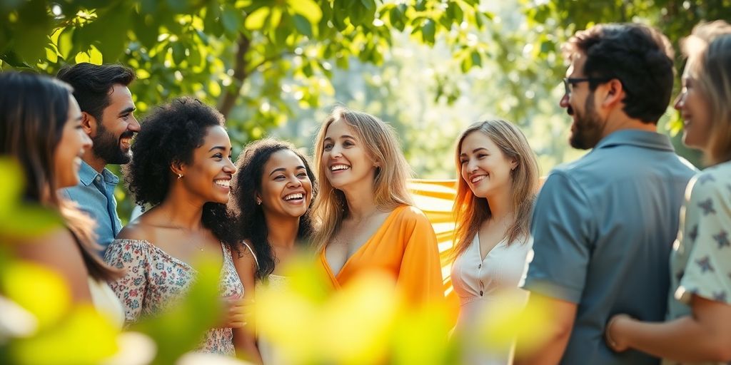 Diverse people connecting, relaxed, open, embracing a colorful future.