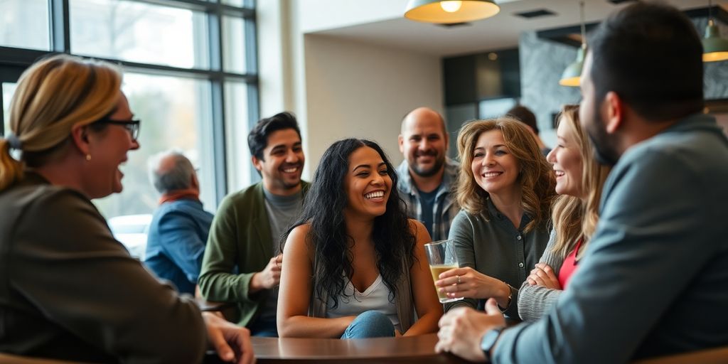 Diverse people connecting, relaxed, open, modern