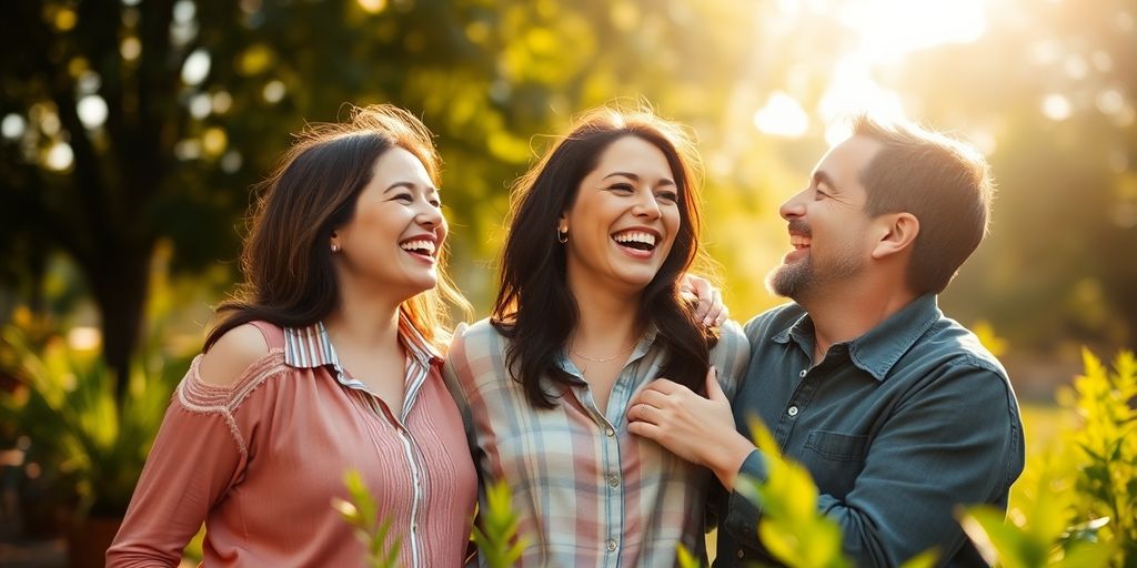Diverse people embracing, laughing outdoors.