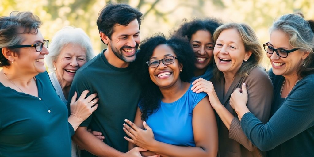 Diverse people embracing, vibrant colors, joyful atmosphere.