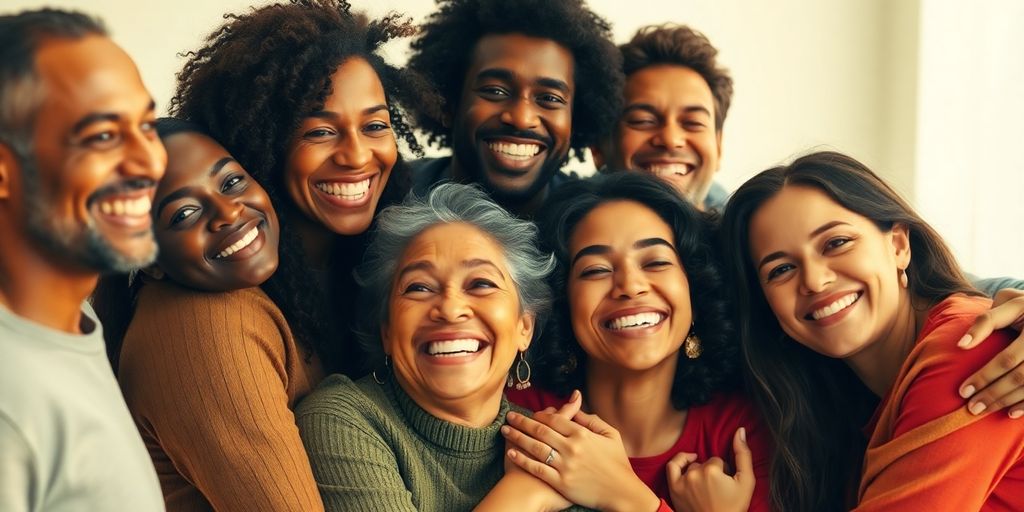 Diverse people embracing, vibrant colors, soft lighting.