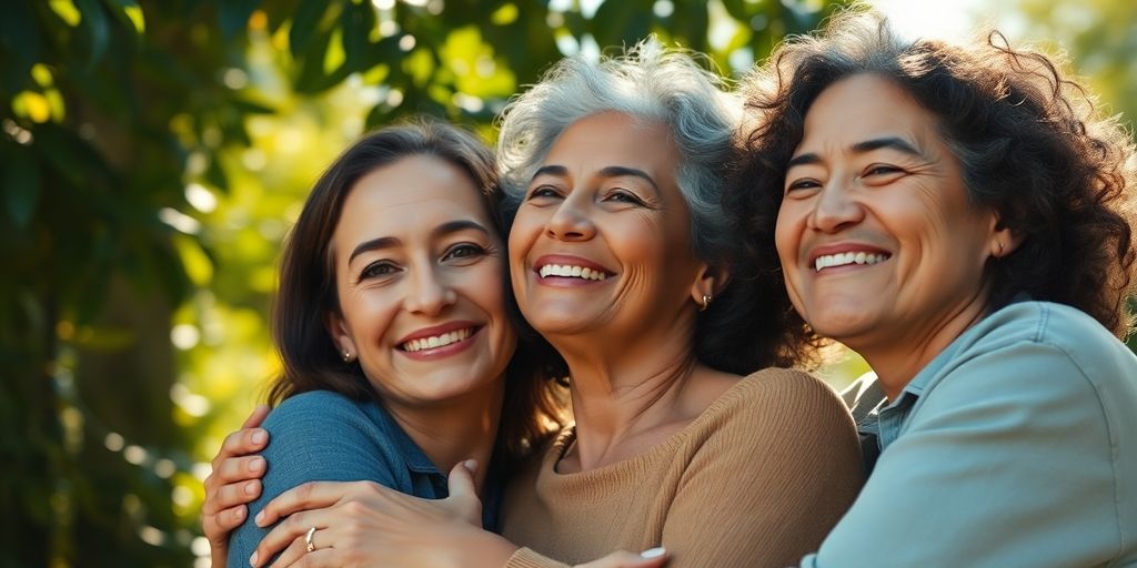 Diverse people embracing, vibrant colors, warm light