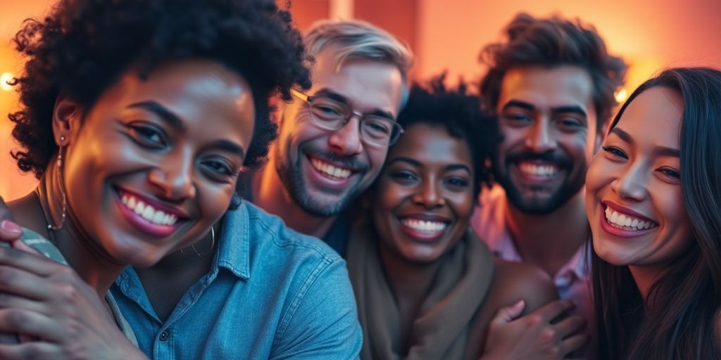 Diverse people embracing, vibrant colors, warm light.