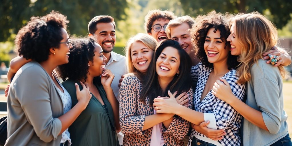 Diverse people embracing, vibrant, joyful, natural setting.