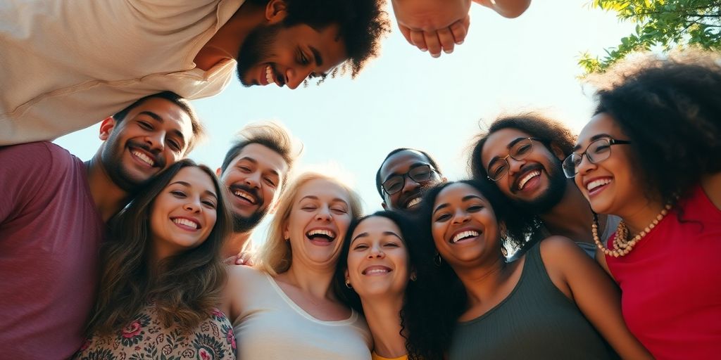 Diverse people forming a connected, loving group.
