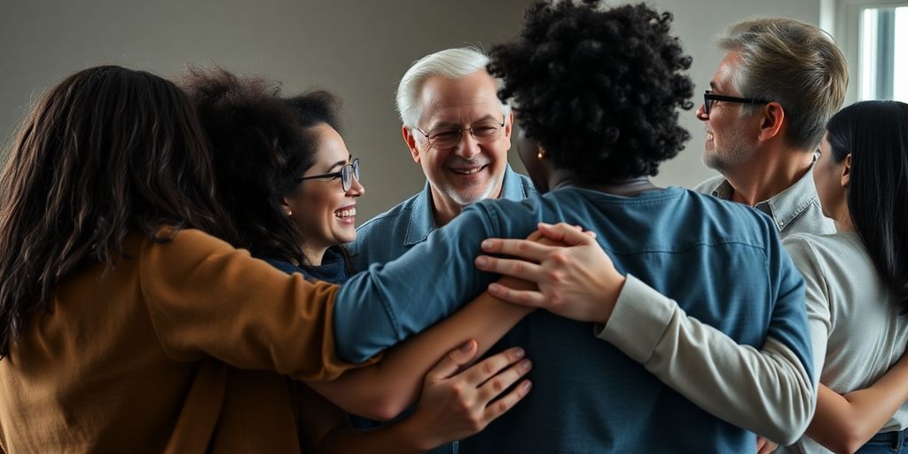 Diverse people in a warm, connected embrace.
