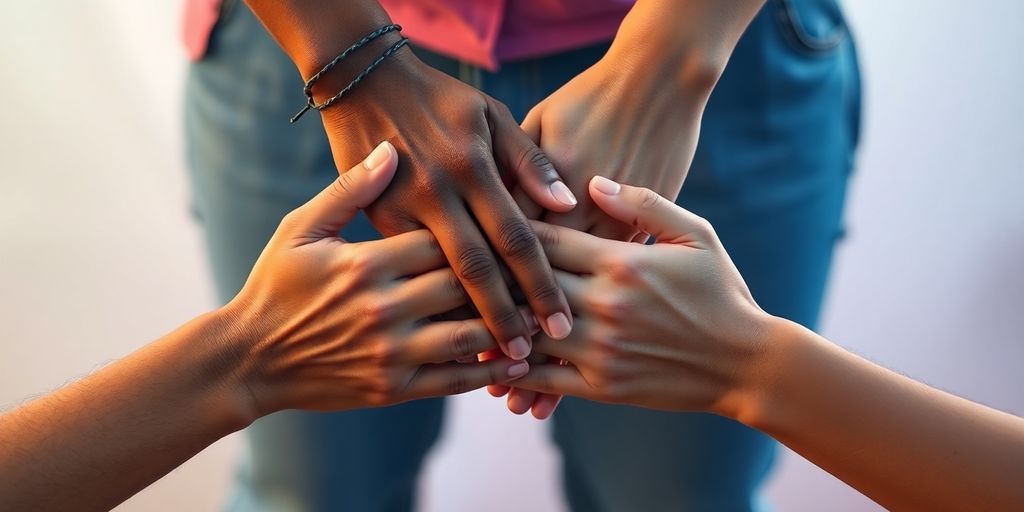 Diverse people, intertwined hands, colors.