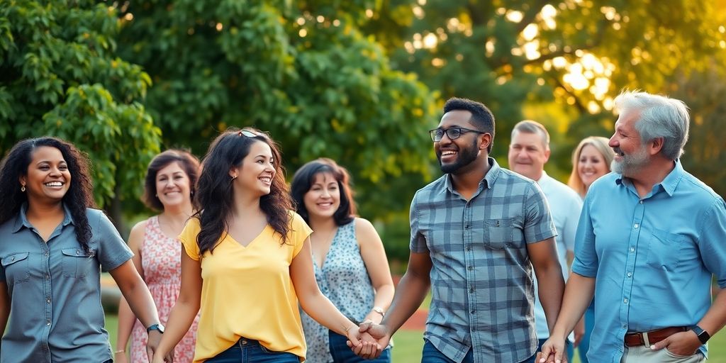 Diverse polyamorous group connecting outdoors.