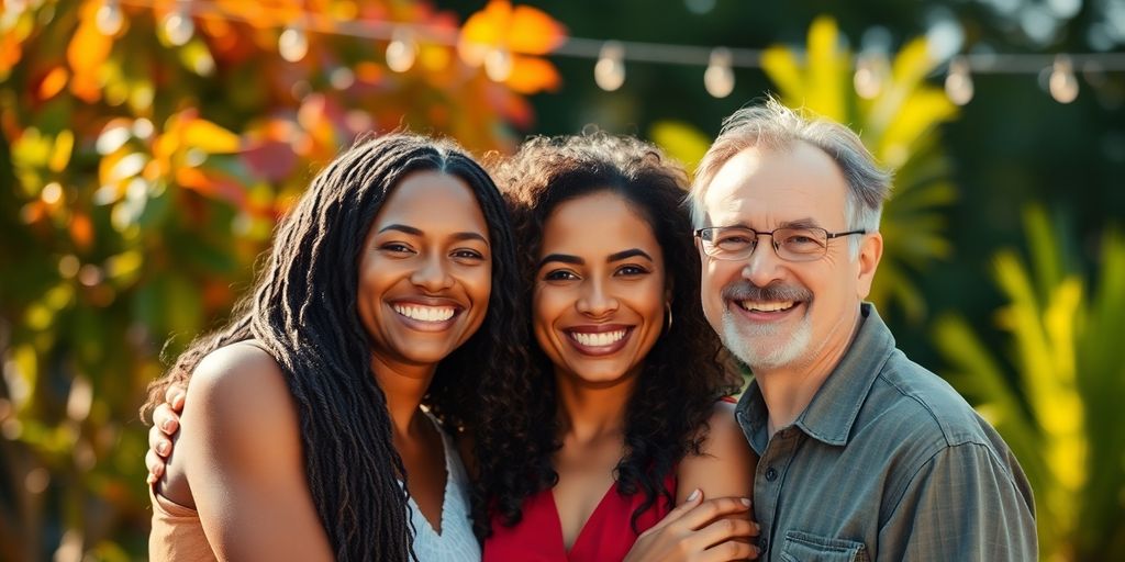 Diverse polyamorous group, warm embrace, colorful background.