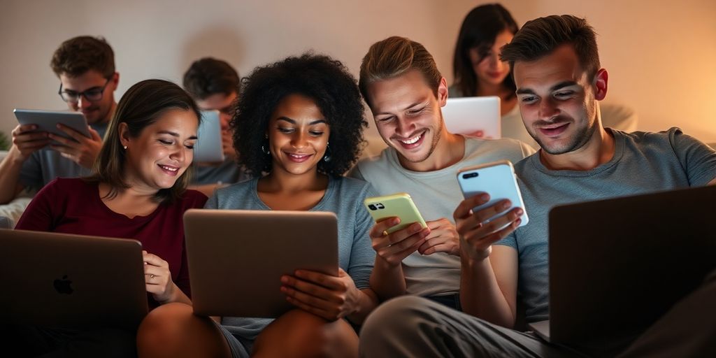 Diverse queer couples connecting online.