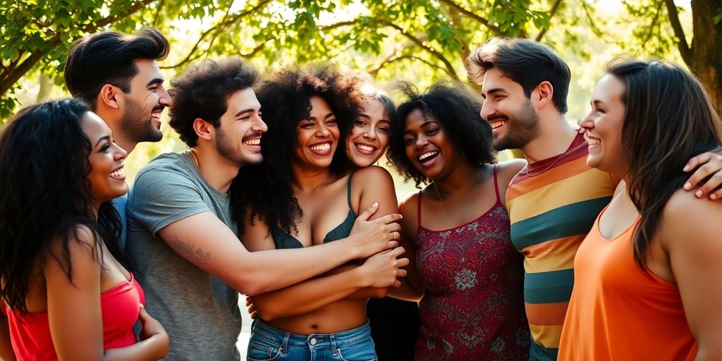 Diverse queer people in joyful platonic embrace.