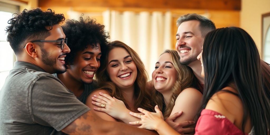 Diverse queer people, vibrant, embracing, smiling.