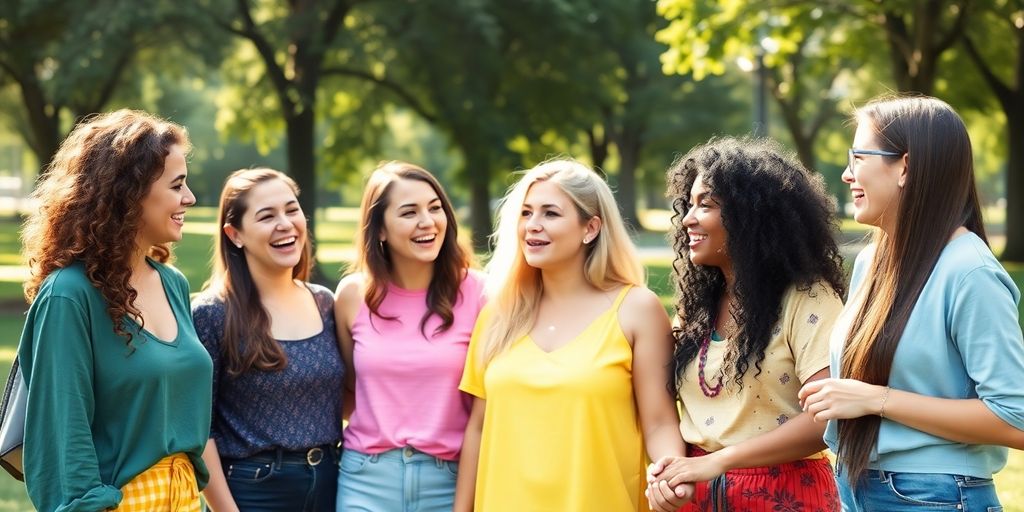 Diverse queer women laughing, hugging, holding hands.