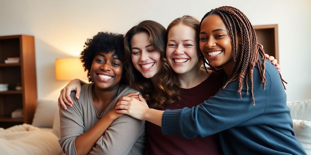 Diverse women embracing, smiling, in a cozy setting.