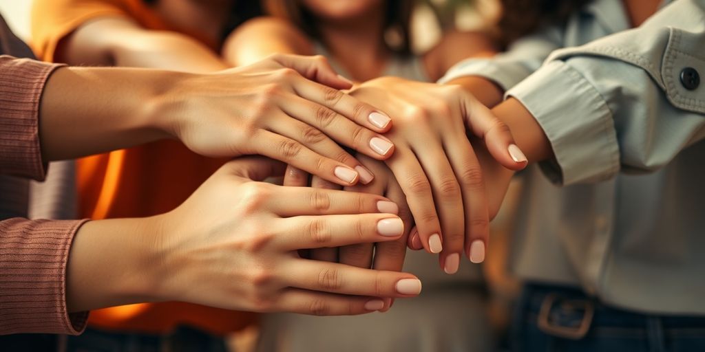 Diverse women, intertwined hands, warm light.