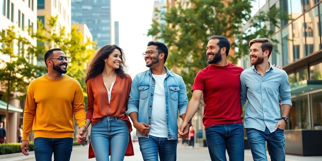 Four adults holding hands on a vibrant city street.