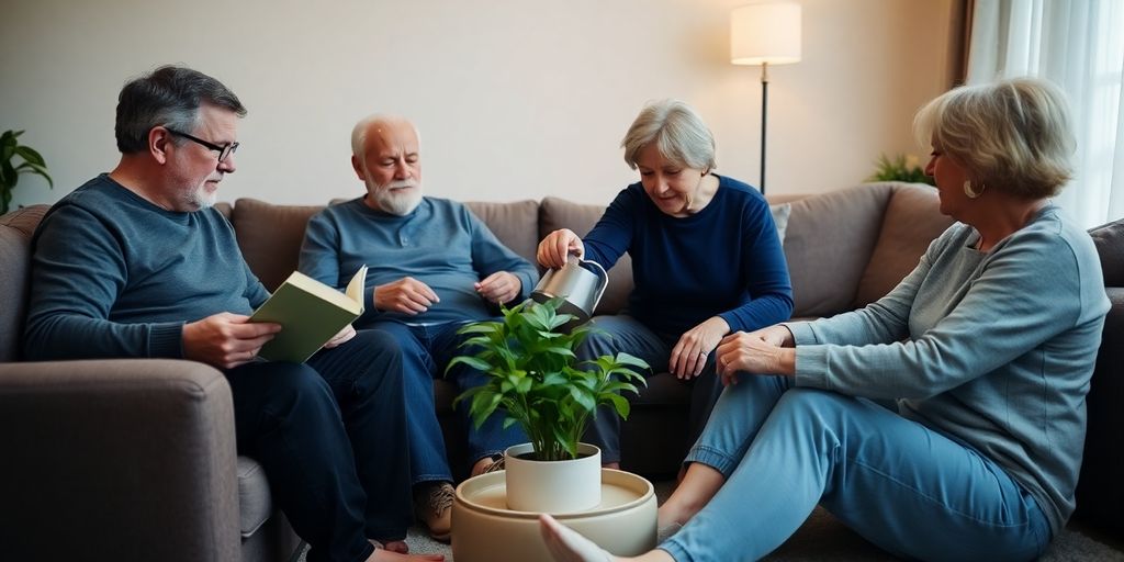 Four people, various ages, comfortable together, living space.