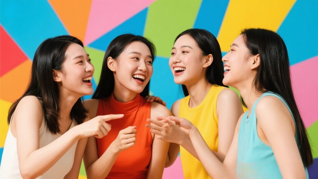 Four women happily interacting in a colorful background