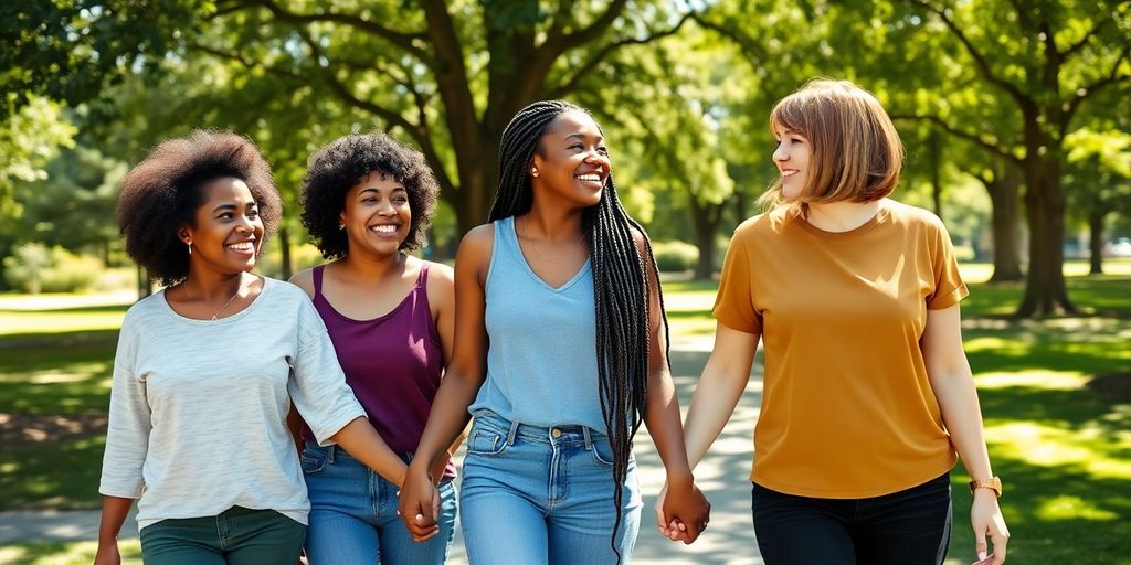 Four women holding hands outdoors.