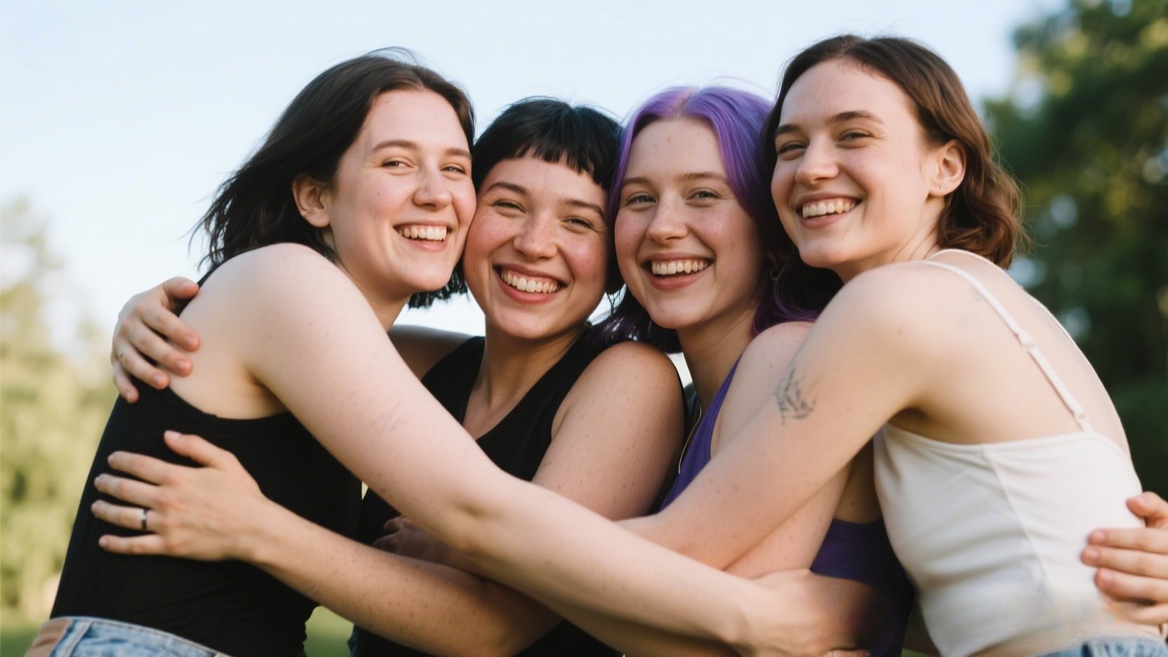 Four women smiling, embracing outdoors.