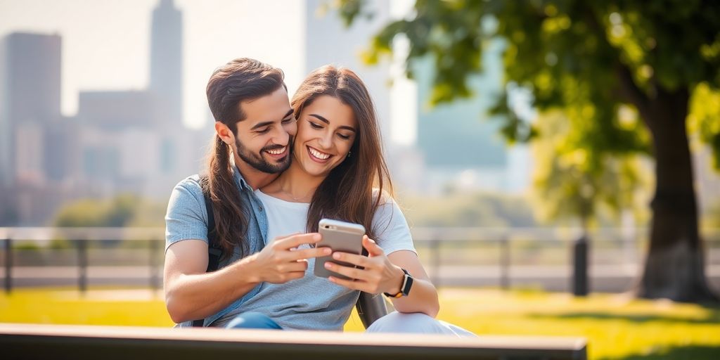 Friends laughing on phone, city background.