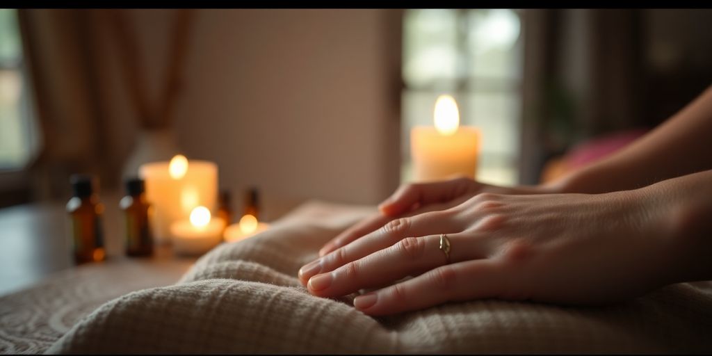 Gentle hands, soft fabric, glowing candles, essential oils.