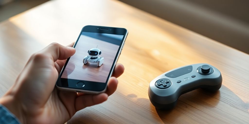 Hand holding smartphone showing robotic toy near wireless remote control.