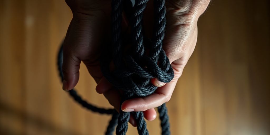 Hands entangled in ropes, forming a restrictive knot.