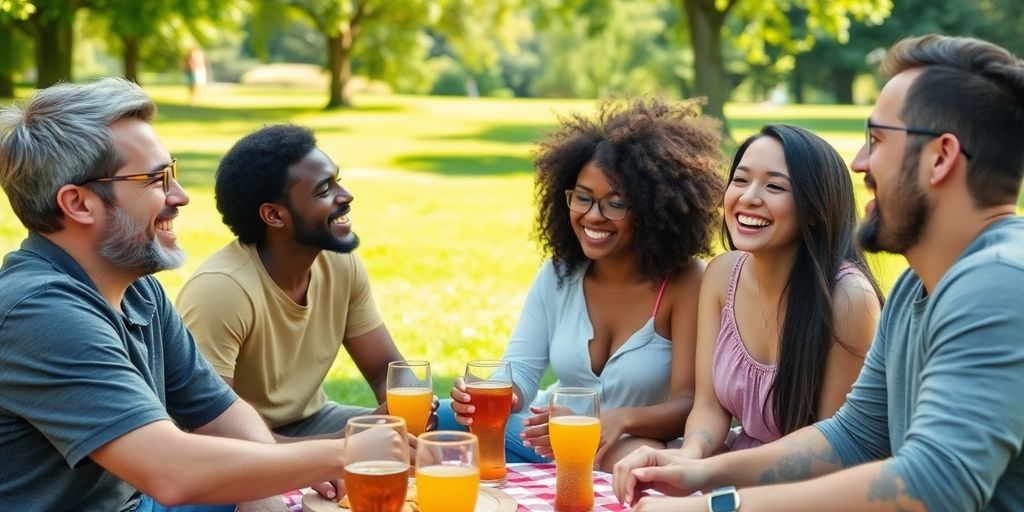 Happy polyamorous couples enjoying life outdoors.