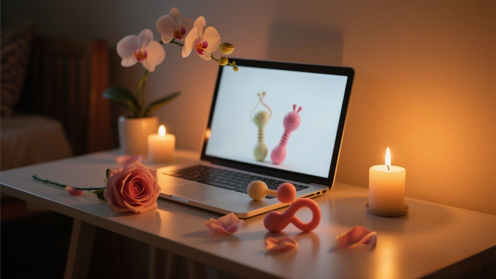 Laptop on desk with couple toys, candlelight, orchid, rose petals