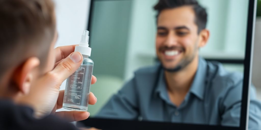 Long-distance couple on video call, holding lube bottle to screen.