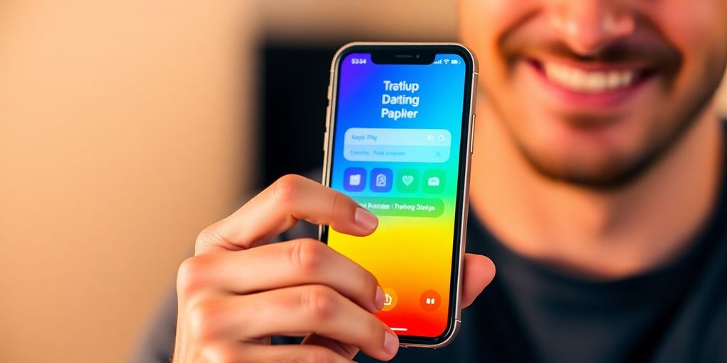 Man smiling, gay dating app on phone