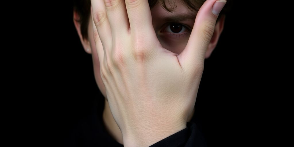 Man's face in hand, medieval-style, on dark background.