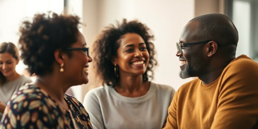 People chatting happily, connected by glowing lines.