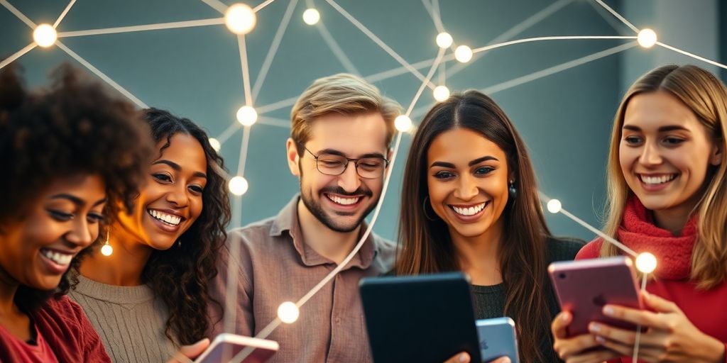 People chatting happily on colorful mobile devices.