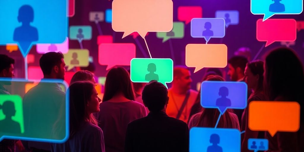 People chatting on colorful connected devices.