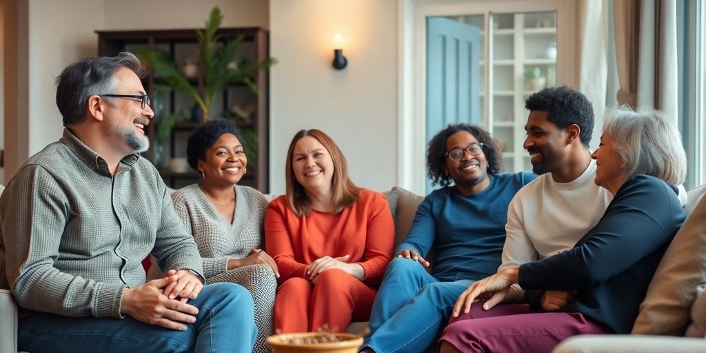 People interacting peacefully in a relaxed, cozy setting.