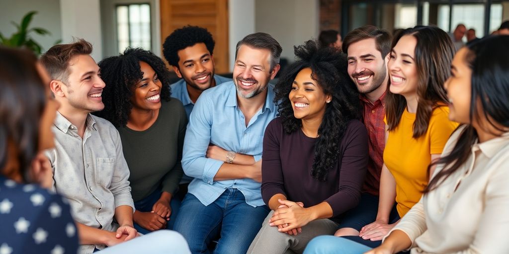 People sharing smiles and looking comfortable together.