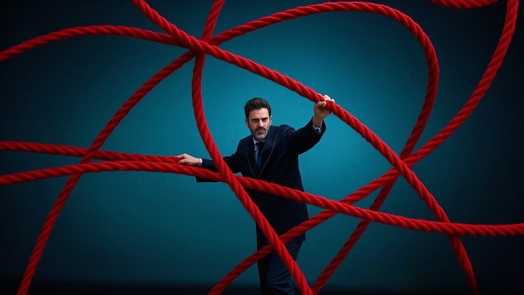 Person avoiding tangled red ropes.