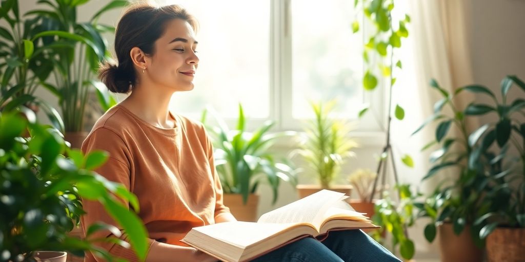 Person comfortably reading in a cozy space with plants.