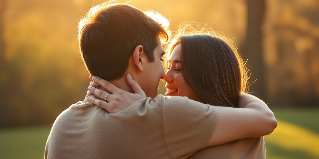 Person embracing another person, warm lighting.