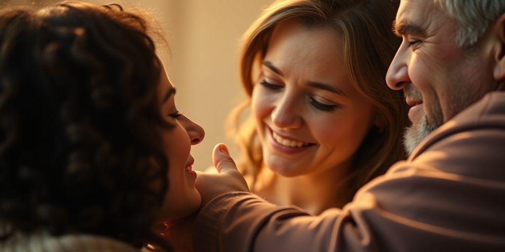 Person embracing multiple partners with joy.