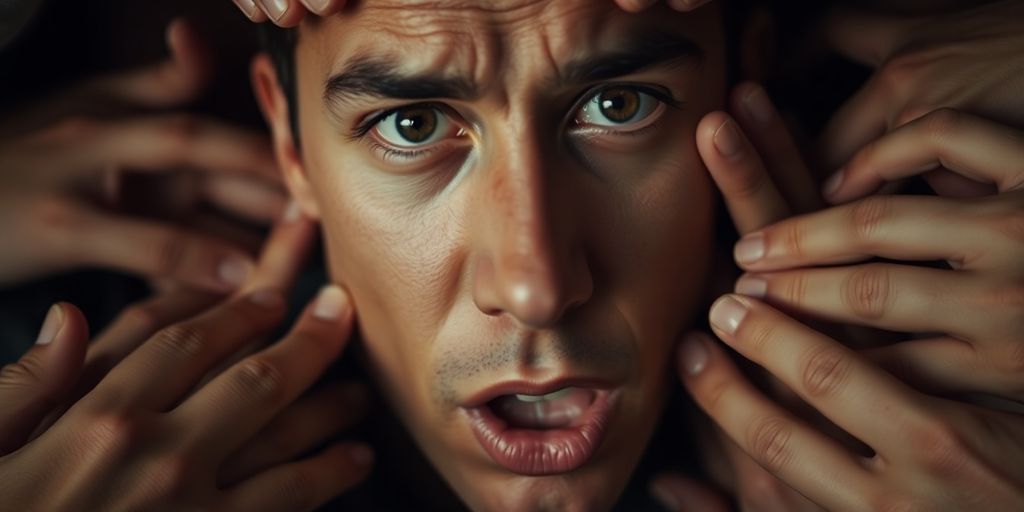 Person feeling overwhelmed by many hands reaching out.